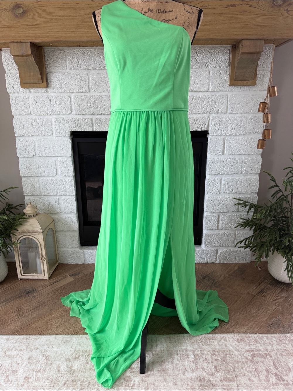 Adrianna Papell One-Shoulder Neon Green Chiffon Gown
